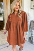 Bracelet Sleeve Split Neck Scallop Detail Pleated Corduroy Mini Dress